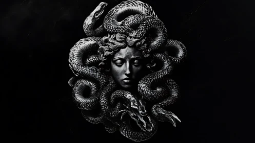 Serene Medusa portrait wrapped in midnight silver serpents.