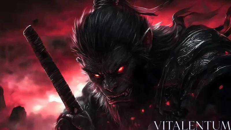 Demonic simian warrior advances through crimson mist in profile