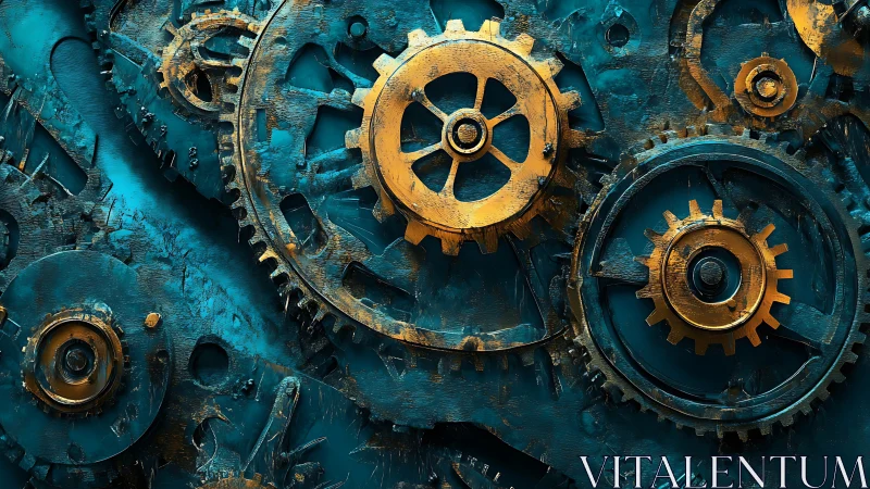 Gilded gears whisper time into a storm of teal steel