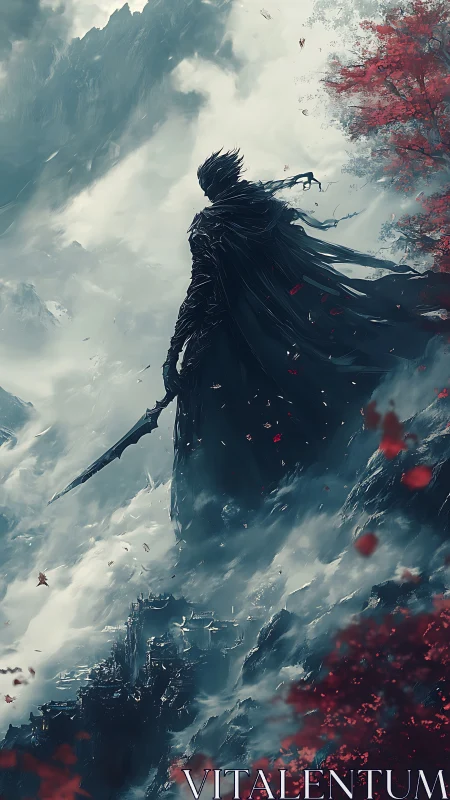 Armored wraith surveys mist-cloaked canyon in cinematic silhouette