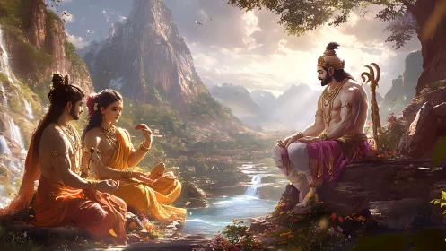 Epic divine council beside cascading river valley landscape.