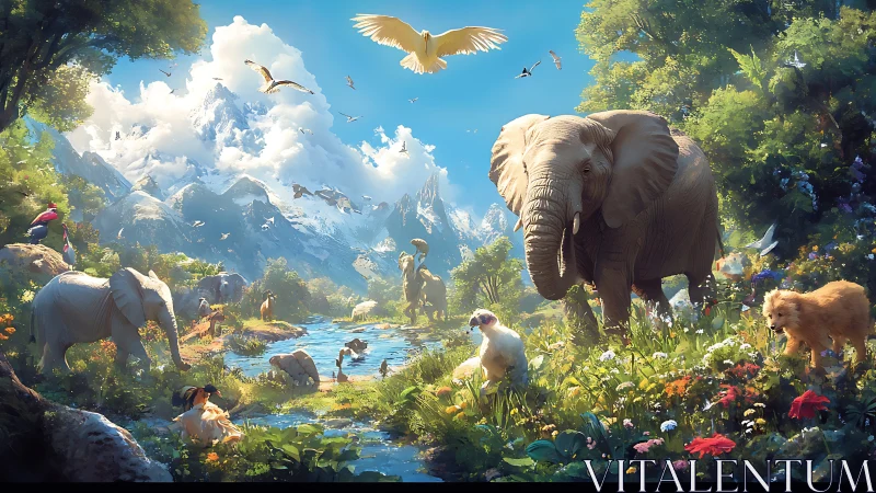 Diverse wildlife group in lush valley below snow mountains.