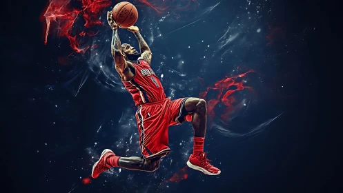 Kinetic digital rendering of airborne basketball dunk motion.