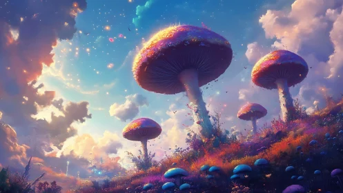 Giant glowing mushrooms rise over colorful fantasy meadow.