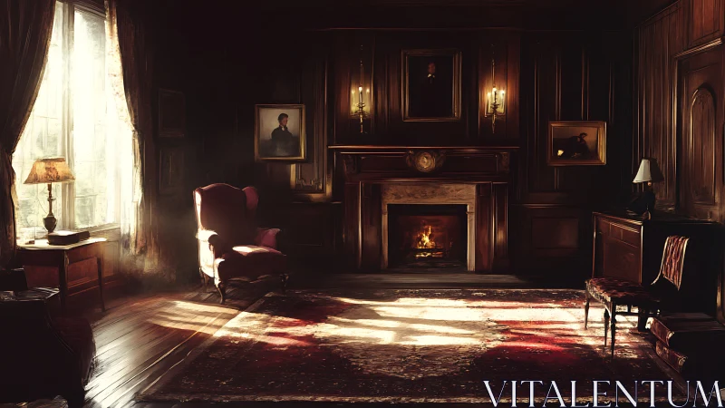 Sunlit Victorian study with ornate fireplace and portraits.