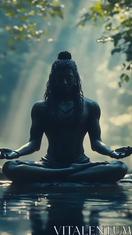 Monochrome yogic silhouette in volumetric forest backlight.