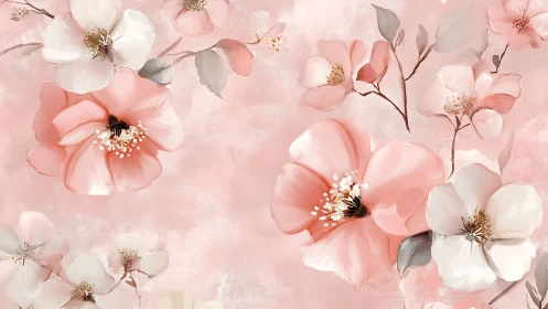 Delicate Pink and White Floral Composition with Watercolor Rendering