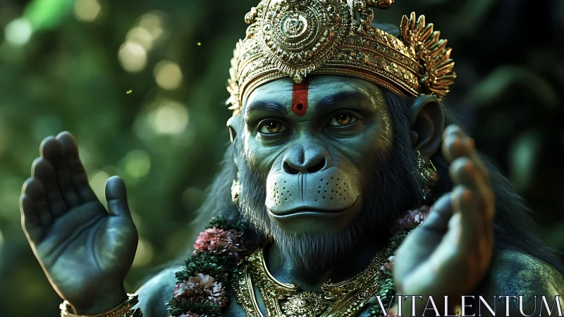 Highly detailed 3D simian deity portrait with ornate gold crown
