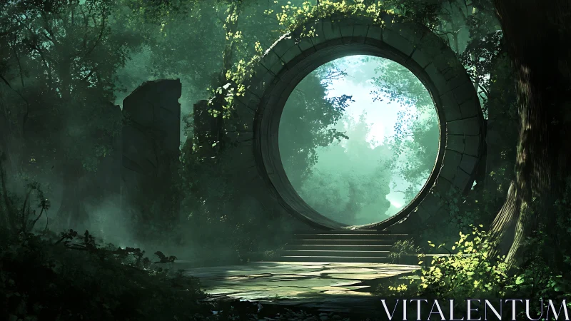 Ancient stone portal set in dense green forest ruins.