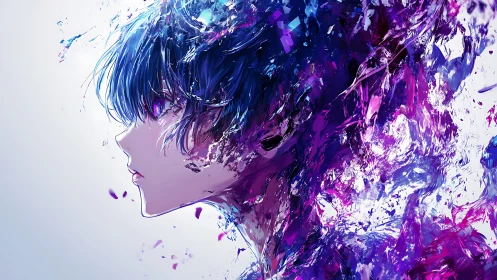 Shattered neon portrait dissolves into fluid cosmic color.