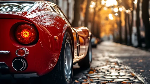 Timeless red sports car glows along a quiet autumn street