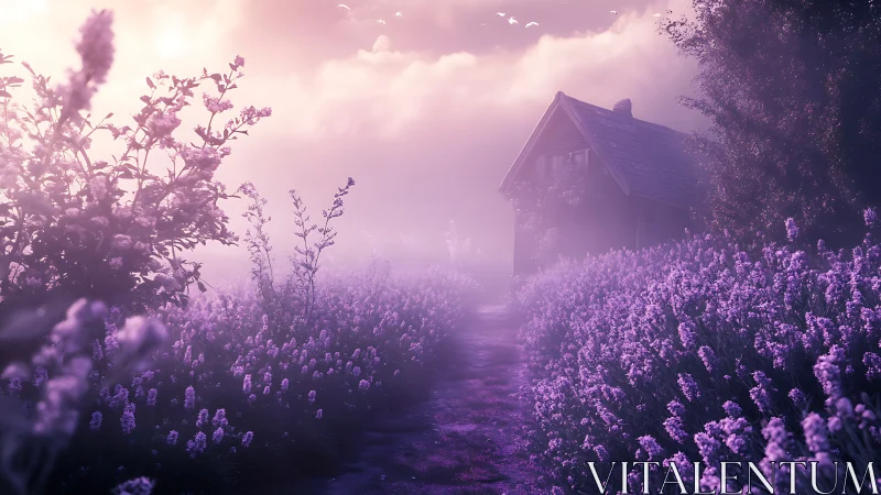 Lavender path leads toward misty cottage at sunrise glow