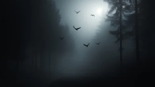 Nocturnal corvids traversing volumetric fog in conifer forest.