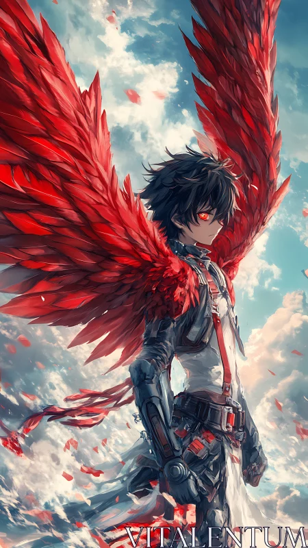 Winged cybernetic warrior in dynamic anime character portrait.