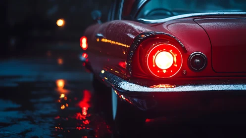 Vintage red coupe tail light in cinematic rain ambience.