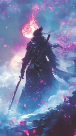 Lone sword saint strides beneath a falling neon moon.