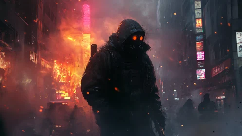 Hooded sentinel in burning neon alleyway at nightfall.