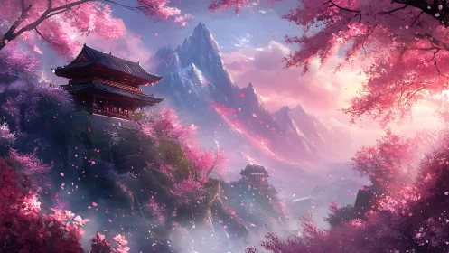 Cherry blossom mountain temples rendered in luminous fantasy digital painting