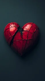 Cracked red heart sculpture on dark neutral background.