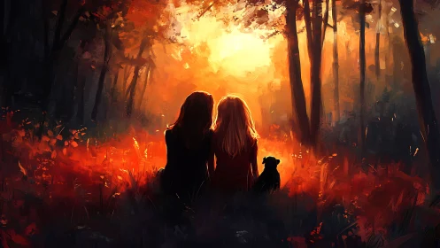Two figures silhouetted in fiery forest clearing with centered light source