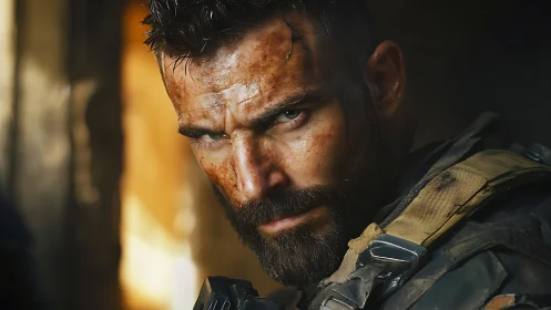 Battle-hardened soldier glare carved from smoke and fire.