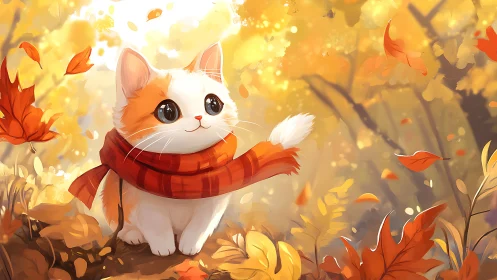 Animated White Kitten Wearing Red Plaid Scarf Among Autumn Foliage