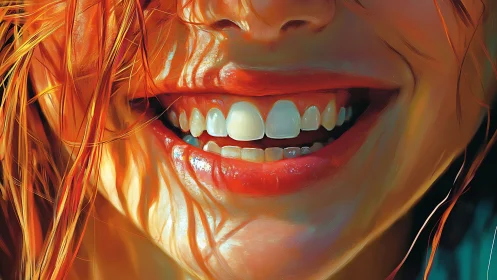 Vibrant close-up smile glows through sunlit orange strands.