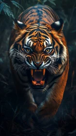Predatory tiger charge in dense, low‑key jungle lighting.