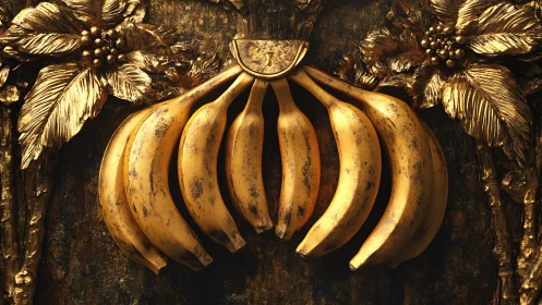 Golden banana bouquet framed in ornate vintage leaves.