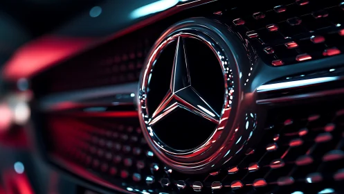 Chrome star emblem dominates illuminated car grille closeup