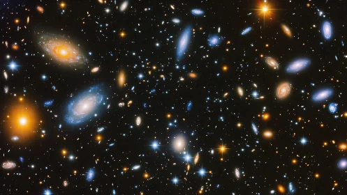 Soft galaxies and golden stars drifting through deep space.