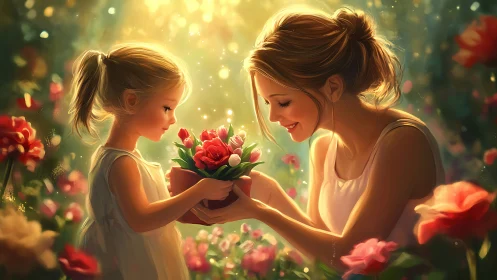Woman and child exchanging potted flowers in garden setting