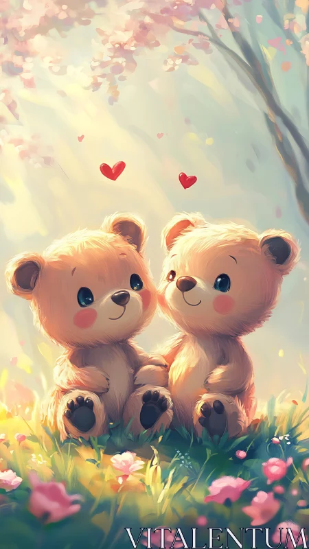 Two Anthropomorphic Teddy Bears in Luminous Garden Setting with Floating Hearts