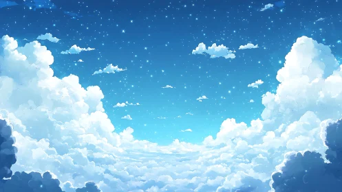 Starlit cloud ocean stretches beneath a tranquil blue sky