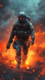 Armored sci fi soldier strides through raging battlefield fire.