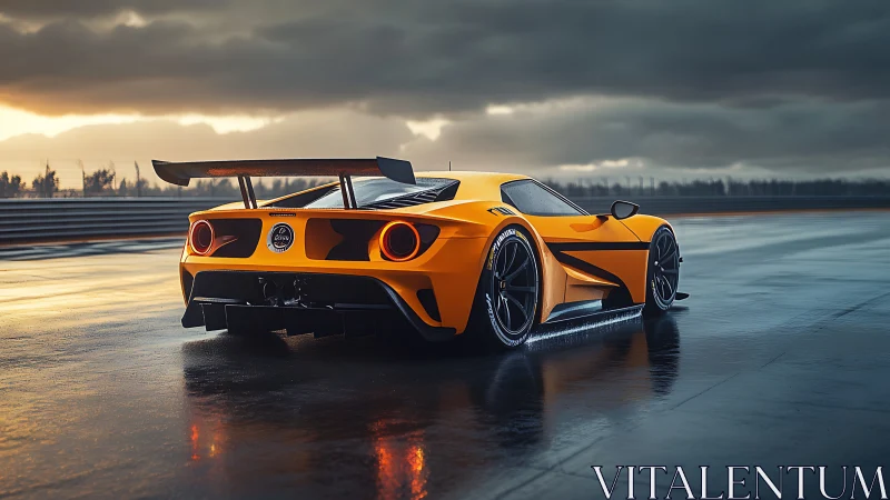 Orange track-ready supercar on wet racing circuit at dusk.