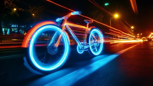 Neon-illuminated bicycle on street at night.