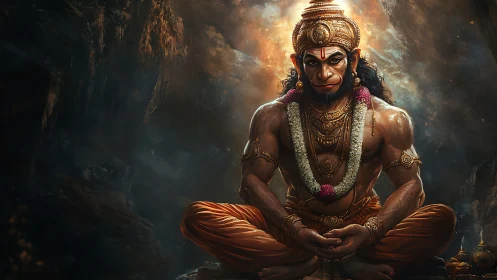 Hanuman figure sits cross-legged in a dramatic cave scene