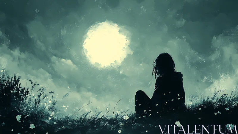 Solitary figure contemplates a luminous moonlit sky