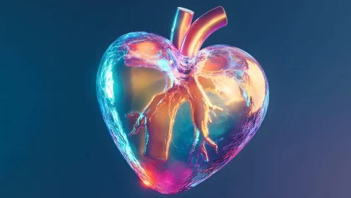 Glass Heart with Anatomical Veins in Futuristic Neon Style.
