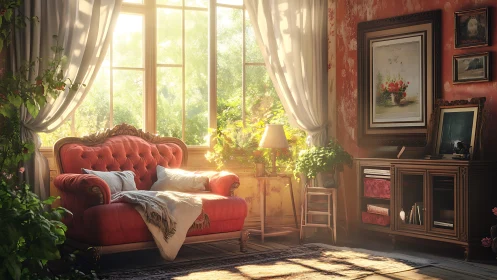 Sunlit vintage parlor with red velvet sofa and greenery.