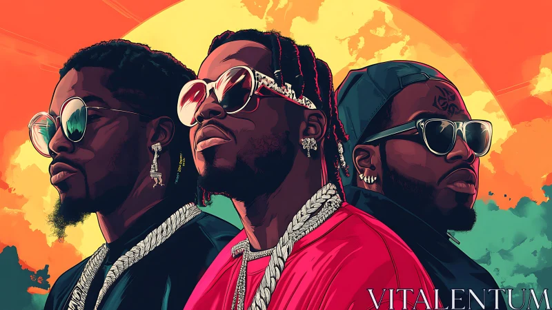 Triadic hip hop portrait under saturated sunset halo