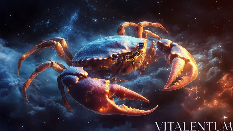 Cosmic crab drifting through glowing nebula tides.