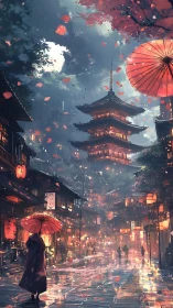 Rainy night street scene beneath illuminated pagoda tower