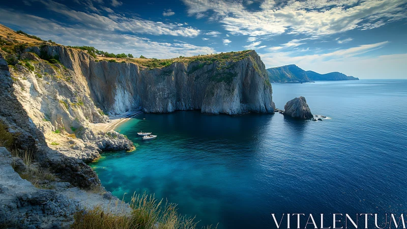 Dramatic Limestone Cliffs Frame Turquoise Mediterranean Cove.