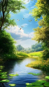 River bend with trees, lilies, and distant flying birds.