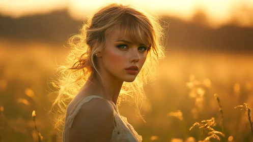 Young woman stands in backlit field at warm sunset light