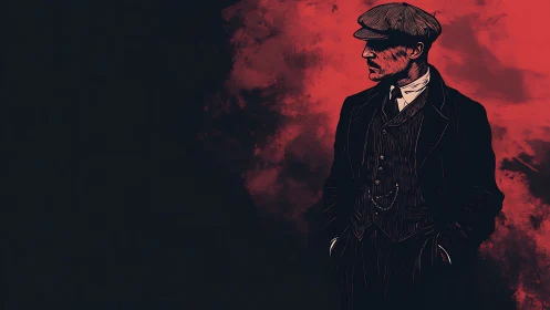 Side-view man in vintage suit against red abstract backdrop.