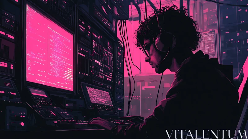 Neon midnight coder steering a glowing data-starred cockpit.