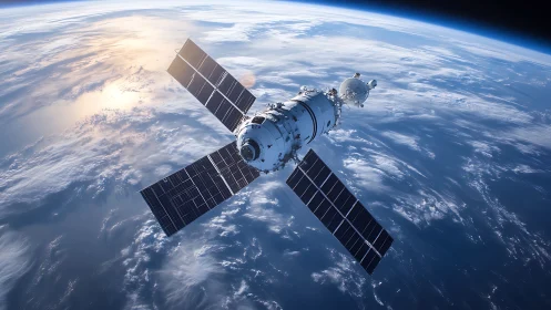 Orbital satellite spacecraft above Earth with solar arrays.